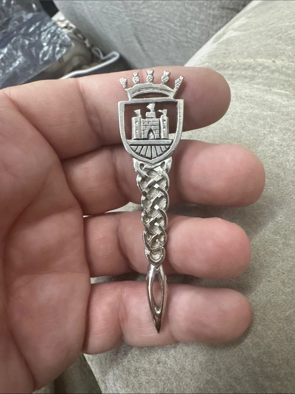 Silver Celtic Knot Kilt Pin with Castle Crest